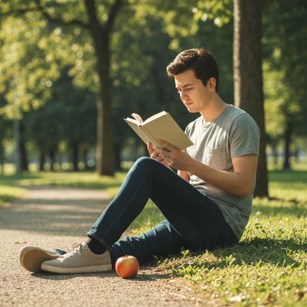 Person reading in park with apple