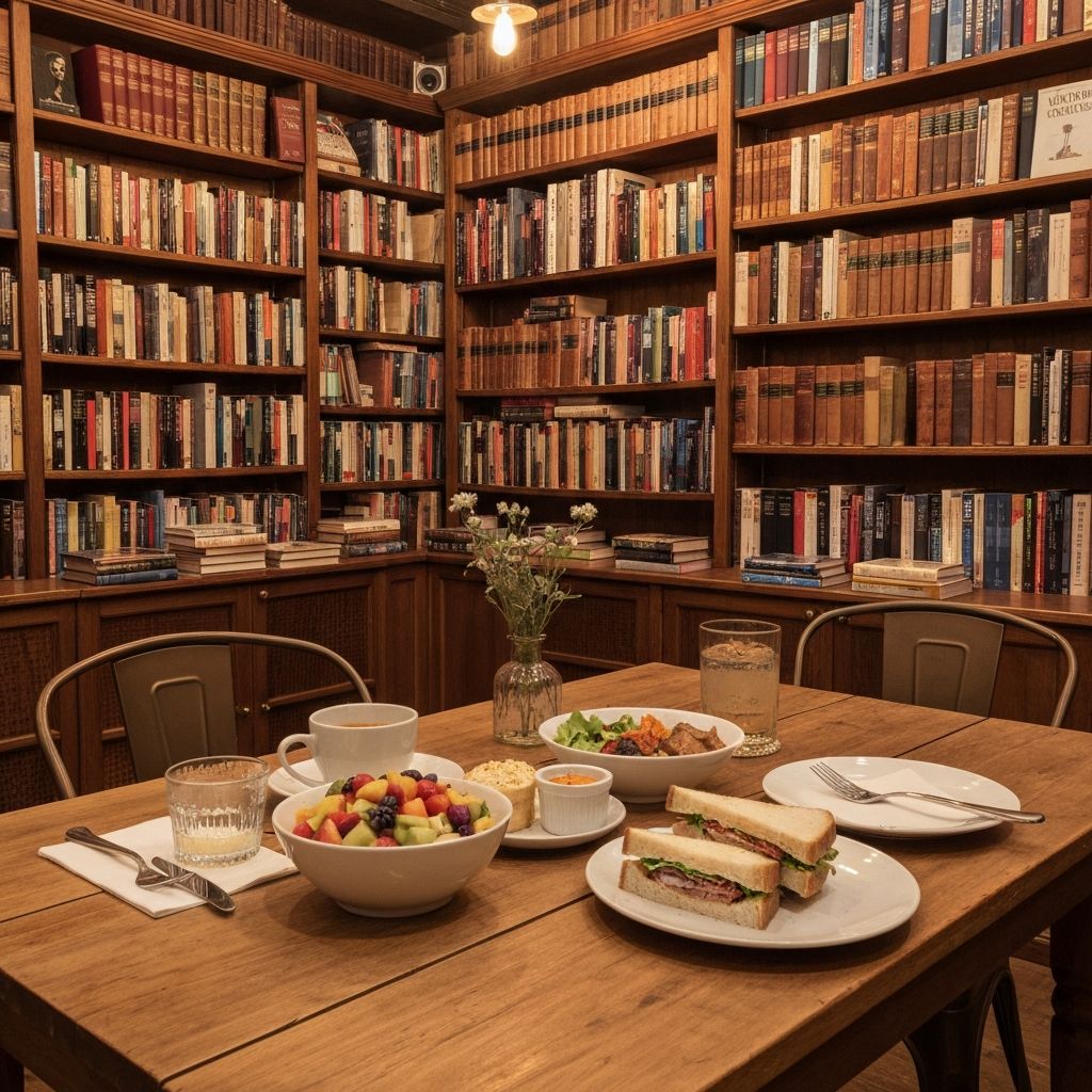British library interior with books and food